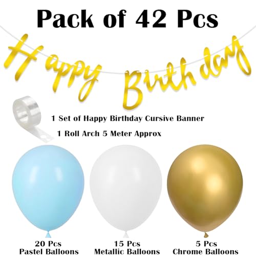 Image of Rozi Decoration Blue & Gold Birthday Decoration Set | 42-Piece Balloon Arch Kit with Cursive Happy Birthday Banner | Blue Theme Party Decorations for Boys