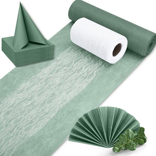 Wusboo Chemin de Table Non-tissé en Vert Eucalyptus (30 cm x 30 m), Rubans Dentelle Décoratifs Blancs & Serviettes Vert Eucalyptus, Ensemble Chemin de Table pour Baptême, Communion, Mariage
