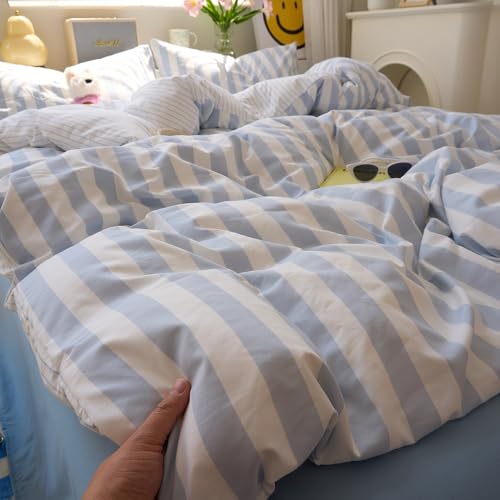 Image of VM VOUGEMARKET Queen Duvet Cover Set Blue White Striped Teens Boys Dorm Bedding Set Soft Lightweight Reversible Microfiber Farmhouse Duvet /Quilt Cover with Zipper-90 x90,Blue White