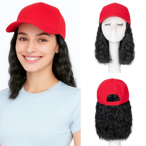 SEGO Hat Wig, Hat with Hair Attached for Women Red Baseball Cap with Hair Extensions, Short Curly Baseball Cap Wig Adjustable Hats for Daily Party 8 Inch #1 Black