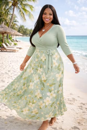 Image of PinkPatty Plus Size Maxi Dress for Women Casual V Neck 3 /4 Sleeve Boho Printed Long Dress with Pockets