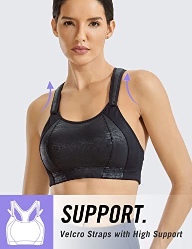 Image of SYROKAN Women's Sports Bra Front Adjustable High Impact Support Padded Wireless Racerback Plus Size Running Bra Leather - Black Lizard 36C
