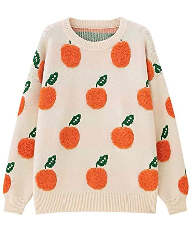 Arssm Womens Knitted Orange Sweater Cute Pattern Casual Loose Fit Long Sleeve Pullover Sweater Tops(Beige-M)
