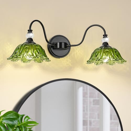Image of Black Bathroom Vanity Light, 2-Light Vanity Light with Floral Green Glass Shades,Vintage Farmhouse Wall Mount Lighting for Bathroom, Dressing Table