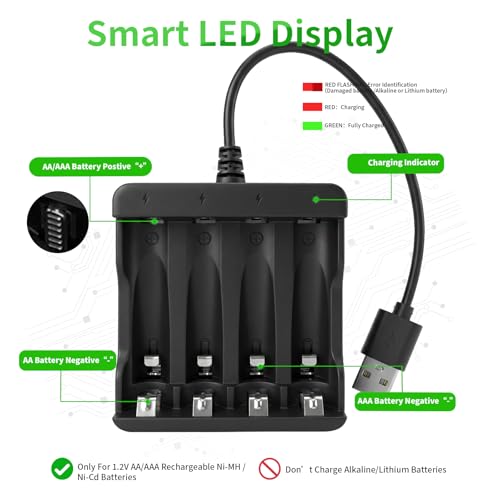 Image of BEVIGOR 4 Bay AA AAA Battery Charger, USB High Speed Independent Slot Charger for NiMH NiCD Rechargeable Batteries, Home Travel Safety Charger with Overheat Protection