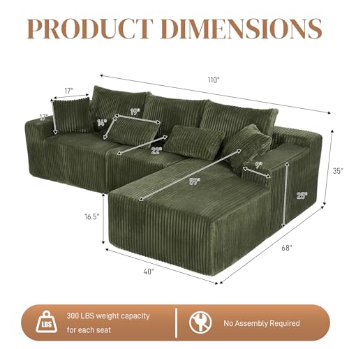 Image of 110 inch L Shaped Cloud Boneless Sectional Couches for Living Room, Modern Comfy Modular Deep Seat Memory Foam Compressed Corduroy Sofa Oversized Right Facing Chaise, No Assembly Required, Green