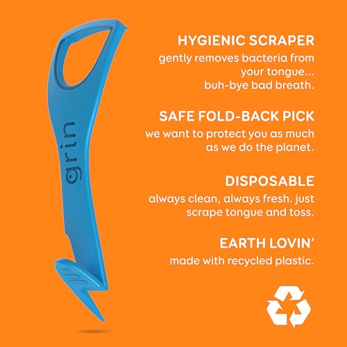 GRIN Tongue Cleaner, 48 Count, Disposable Tongue Cleaner, Hygienic Scraper, Recycled Plastic, Clean Tongue, Promote Fresh Breath, Includes Safe Fold- Back Tooth Pick