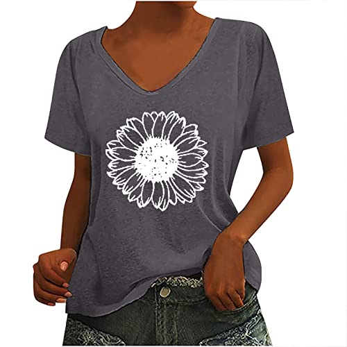 Summer Tops For Women Retro Sunflower Teen Girls Casual Tunic Tops Vintage Graphic Tees Short Sleeve V Neck Basic Tee #TOP26