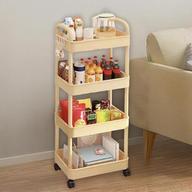 4-Tier Rolling Kitchen Cart with Drain Basket & Armrests, Plastic Slim Storage Trolley on Wheels, Ventilated Anti-Damp Shelves, Toiletries Organizer for Pantry, Bathroom, Garage (Yellow)-IuvkLSQS