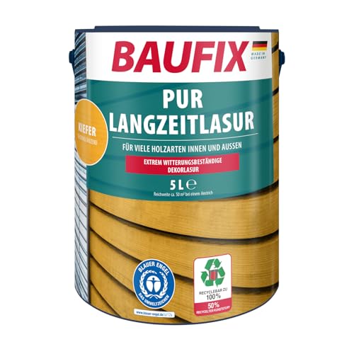 BAUFIX Lasure PU Longue durée pin, satinée mate, 5 litres, Lasure pour bois, Pour intérieur et extérieur, particulièrement robuste, pour toutes les essences de bois, résistante aux intempéries