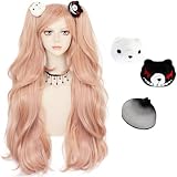 JoneTing Pink Cosplay Wig 72cm/28inches【+2 Bears +1 Hair Cap】 Long Pigtail Wigs Light Pink Ponytails for Women Long Wavy Wigs with Ponytails Pinkish Hair for Halloween Christmas Cosplay Costume