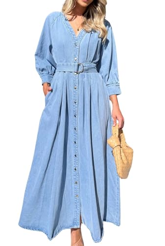 loveimgs Women 2025 Casual Button Down Denim Maxi Dress Pleated