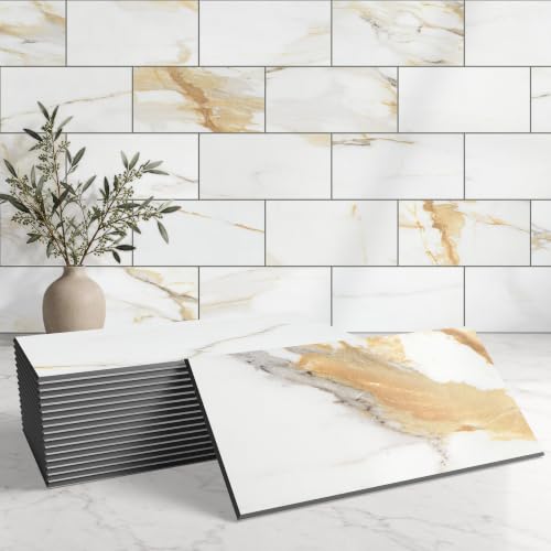 StyloVue 100 Pieces Peel and Stick Backsplash for Kitchen, 3" x 6" PVC Subway Tile Upgraded Calacatta Gold with Dark Gray Grout Backsplash Stick on Tile Elevate Kitchen, Bathroom, Fireplace,RV