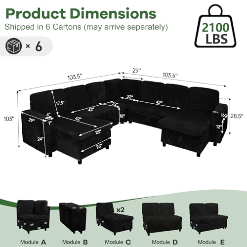 Image of Sleeper Sectional Couch, Sleeper Sofa Bed with Pull Out Bed, Oversized Corduroy Couch for Living Room, Bedroom and Apartment, Modular Corner Sofa with Storage, Black