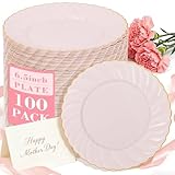YOUBET 100 Pack Pink Scalloped Plastic Plates - 6.5 Inch Pink Disposable Plates - High End Elegant Vintage Dessert Plate for Party & Weeding & Birthday Mothers Day