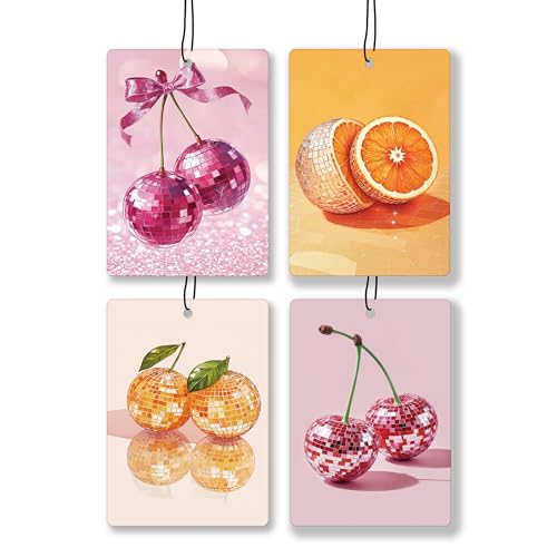 Image of Funky Y2K Cherry Orange Lavender Car Air Freshener, Preppy Coquette Bow Disco Ball Fruit Hanging Air Freshener 4 Pcs for Cars Closet Drawer Books, Cute Car Accessories Mirror Decor for Women