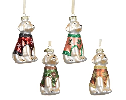 Christbaumschmuck Glas 8,9cm - Hund mit Pullover Figur zum Aufhängen - 1 Stück sortiert - Weihnachtsbaum Anhänger für Weihnachten - Christbaumanhänger & Weihnachtsbaumschmuck - Tiere Hunde Beige