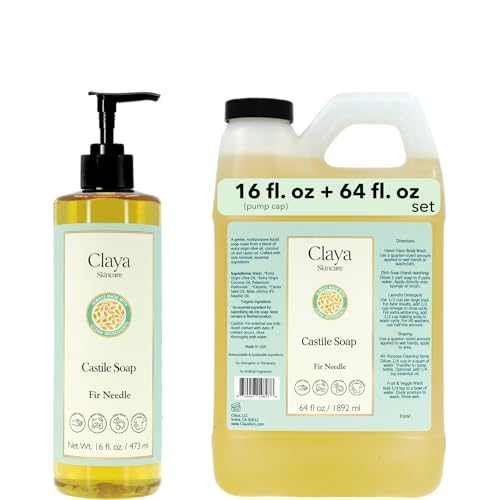 Image of Claya Fir Needle Liquid Castile Soap - Organic Ingredients, Biodegradable, Fresh Forest Scent, Gentle for Skin and Multi-Purpose Use (16 fl oz (Pump Cap) and 64 fl oz)