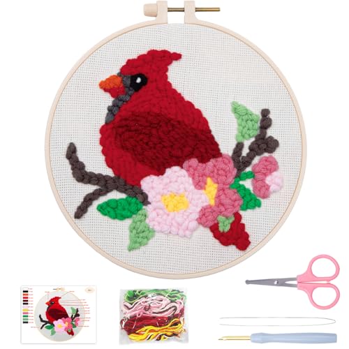 Image of Louise Maelys Beginners Punch Needle Kits,for Starter Adults,Rug Cross Stitch Kit Tool Including Handle Embroidery Pen,Cloth,Hoop,Threads and Instruction-Cardinal Bird Pattern