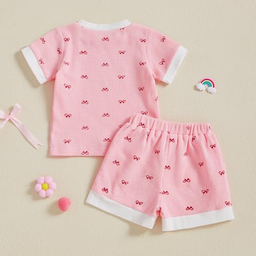 Baby Girl Summer Clothes Waffle Shorts Outfit Solid Color T Shirt Tees Tops Ruffles Shorts Set Infant Summer Outfit3