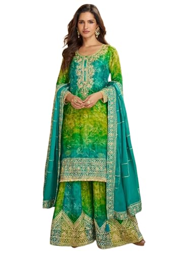 Costume indien Sharara en soie Chinon avec broderies ensemble traditionnel 3 pièces 15656