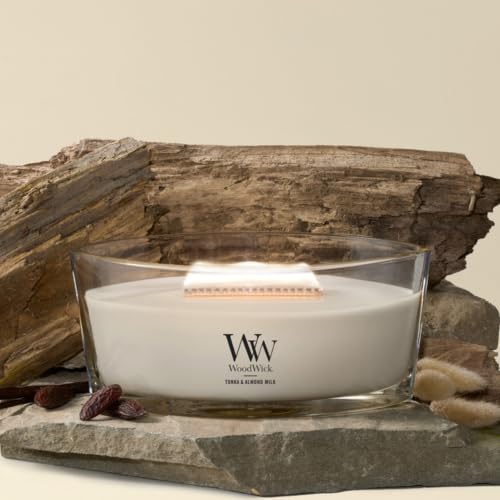 Image of WoodWick Tonka & Almond Milk Gifts for Women and Men, 16 oz Ellipse Candle with Crackling Wick