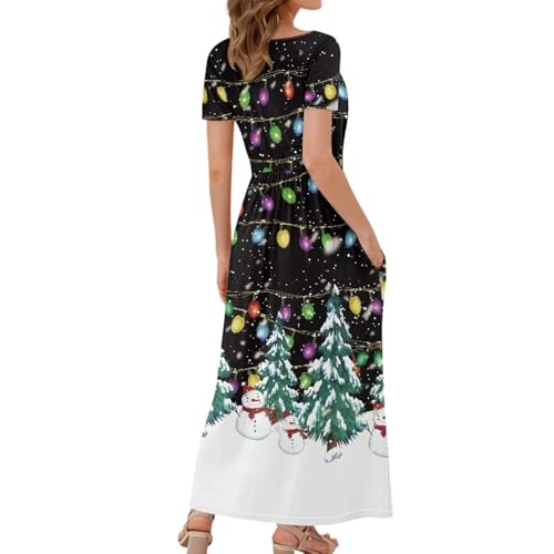 Image of Women's Fall Summer Short Sleeve Ankle Length V-Neck Party Dress with Pockets Size S-3XL