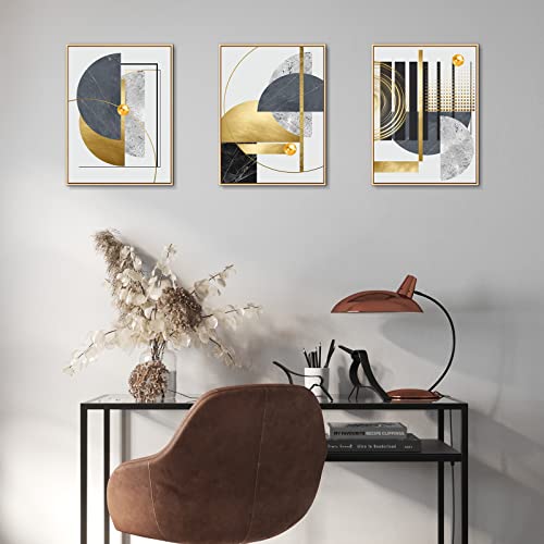 3Pcs Gold Canvas Wall Art Decor, Nordic Luxury Geometric Abstract Grey Black And Gold Framed Painting Poster Print For Living Room, Marble Wall Painting For Bedroom Dining Room 12X16 Inch #TOP2