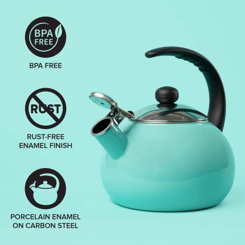 Farberware Luna Water Kettle, Whistling Tea Pot, Works For All Stovetops, Porcelain Enamel On Carbon Steel, Bpa-Free, Rust-Proof, Stay Cool Handle, 2.5Qt (10 Cups) Capacity (Aqua) #TOP2