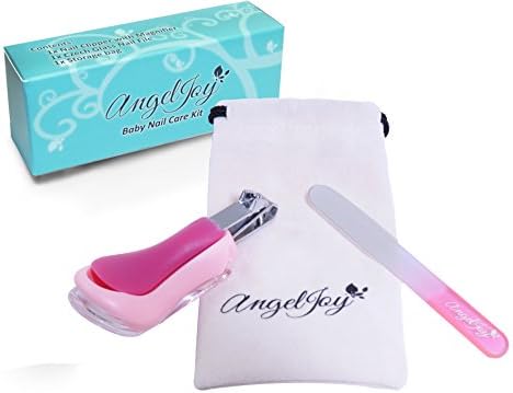 AngelJoy Safe Baby Nail Clipper Set (Pink)- Clipper with 4X Magnifier, Glass, Crystal, Washable Nail File,and A Elegant Pouch. Complete Travel Kit