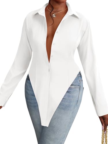 OPOIPIN Women's Collar V Neck Button Bown Long Sleeve Slit Hem Blouse Shirt Top