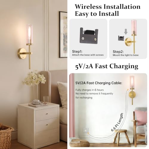 Image of Shenmoyl Battery Operated Wall Sconces Set of 2, Gold Rechargeable Wall Lighting Fixtures, Dimmable Wall Lights with Remote & Pink Glass Shade for Living Room, Bathroom,Bedroom