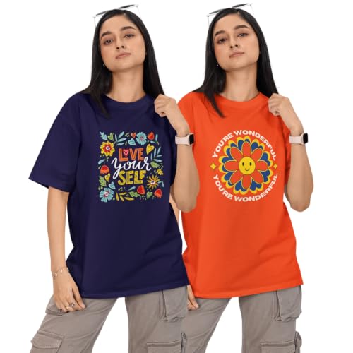 Image of Reifica 100% Pure Cotton Printed Half Sleeve Oversized Tshirts for Women Combo Pack of 2