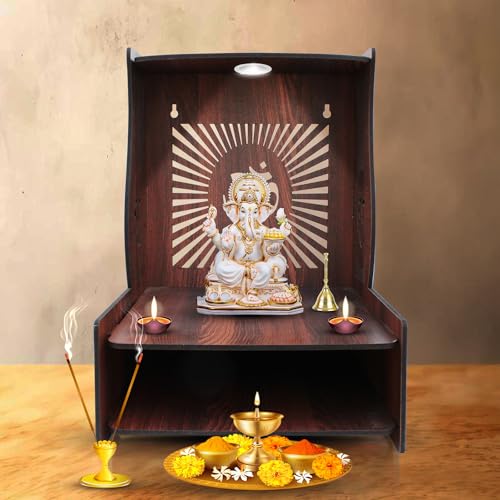 Image of Olive Tree Ethnic Wooden Pooja Mandir for Home Handcrafted Puja Stand | Wall Mounted with LED Spot Light | Mandapam, Pooja Ghar, Temple Office Decor - Walnut Size 12X12X16 Inch 1005