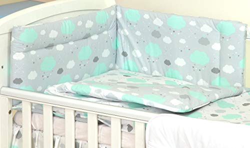 5 Piezas Conjunto de Ropa de Cama para Cuna de Bebé Juego Protector Chichonera Edredón (120 x 60 cm, Nubes de Menta) Mint Clouds
