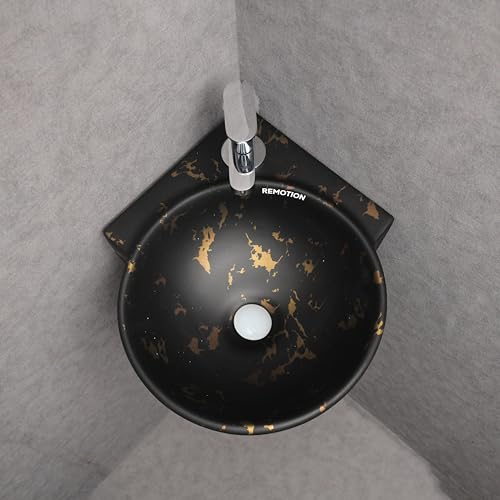 Image of REMOTION Wall Mounted Wash Basin for Bathroom | Wall Hung Corner Sink | Ceramic Round Wall Hung Wash Basin | Wall Hung Small Corner Basin (16.3 x 13.8 x 4.3 Inch) (Black Gold Spot)