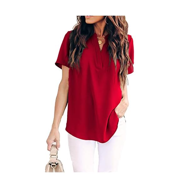 Allimy-Women-Summer-Casual-Split-V-Neckline-Chiffon-Blouses-Loose-Tunic-Short-Sleeve-Tops Allimy Women Summer Casual Short Sleeve V Neck Chiffon Blouses Fashion 2023 Tops Large Red
