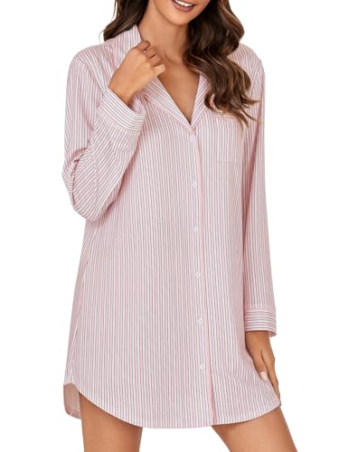 OPOIPIN Women's Striped Nightgown Collar V Neck Button Down Long Sleeve Sleep Shirt Top Nightdress3