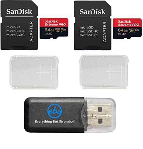 Sandisk 64GB Extreme Pro (Two Pack) 4K Micro Memory Card (SDSQXCG-064G-GN6MA) Class 10 U3 V30 A1 32G MicroSD XC Bundle with 2 Plastic Cases and 1 Everything But Stromboli (TM) Card Reader