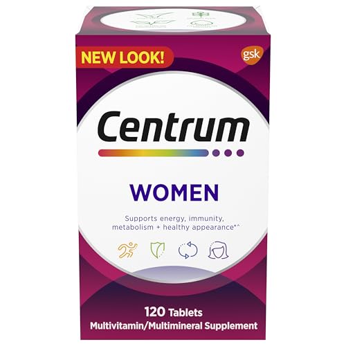 Centrum Multivitamin for Women, Multivitamin/Multimineral Supplement with Iron, Vitamin D3, B Vitamins and Antioxidant Vitamins C and E, Gluten Free, Non-GMO Ingredients – 120 Coun