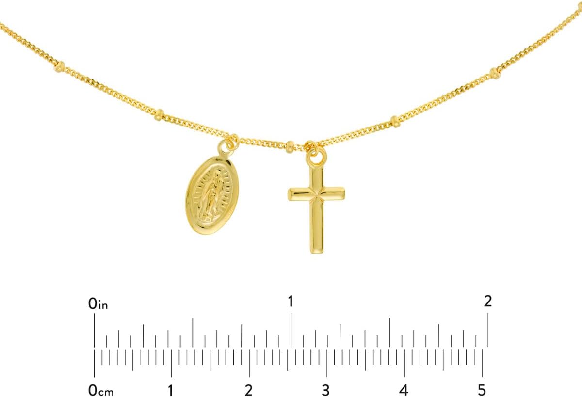 Jewelry Affairs Choker With Dangling Virgin Mary And Cross 14k Yellow Gold Necklace, 16" Adjustable