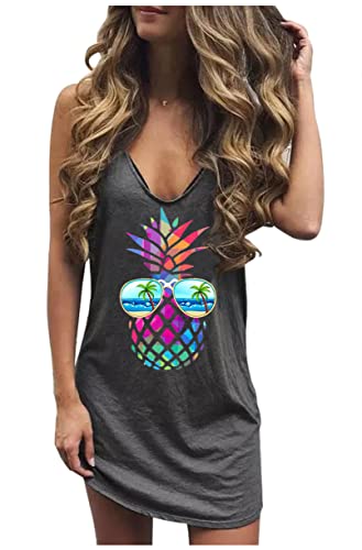 Image of Live Simple Coconut Tree Sleeveless Mini Dress Summer Beach Mini Dress Women's Summer Casual Sexy V Neck Mini Tank Dress