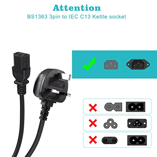 KUNCAN UK mains power cord, 5FT 3 prong UK Plug BS 1363 to IEC C13 Kettle Lead PC power cord laptop charger cord, 250V 5A fused, 1.5m black - Image 3