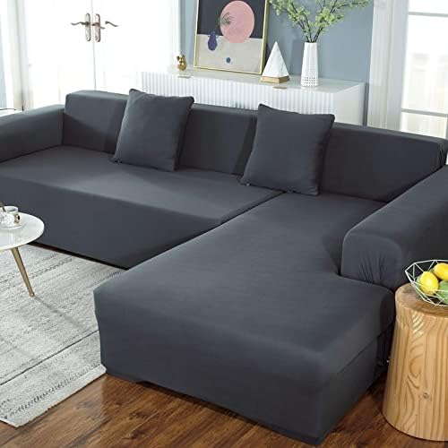 DGSGBAS Sectional Sofa Covers Elastic L Shape Blue Grey Cover Right/Left Side CornerJacquard Fabric Furniture Slipcover Dog Couch Protector For Living Room 1/2/3/4 Seats, 190-230cm