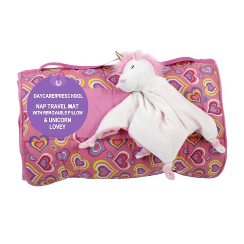 Emily Rose Pink Toddler Nap Mat Set with Warm Blanket & Unicorn Lovey | 100% Cotton Easy Rollup Travel Sleeping Mat for Daycare Preschool | Ages 3-7