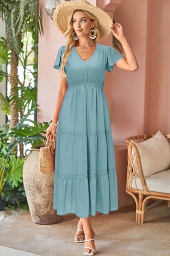 Image of VOTEPRETTY Women's 2026 Summer Boho Maxi Dresses Flutter Short Sleeve V Neck Casual Beach Wedding Guest Vacation Long Dress