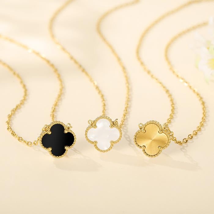 Image of Real 18K Gold Plated Necklaces for Women (Double Sided) Dainty Pendant Necklace Set (High Tarnish & Water Resistant) Trendy Four Leaf Cute Lucky Clover Jewelry Gifts for Women, Black White Gold (Gold+White+Black)