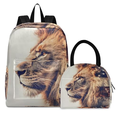 Backpack Lunch Bag Set American Lion Portrait Print, Big Storage Travel Backpacks with Insulated Lunch Box for Office Hiking Picnic