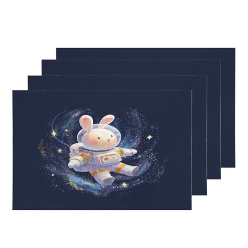 Shrahala Rabbit Astronaut Galaxy Floating Set of 4 12 X 18 Inch Linen Placemats, Bunny in Space Suit Stars Around Burlap Table Mat Washable Double Layered Heat Insulation for Indoor/Outdoor