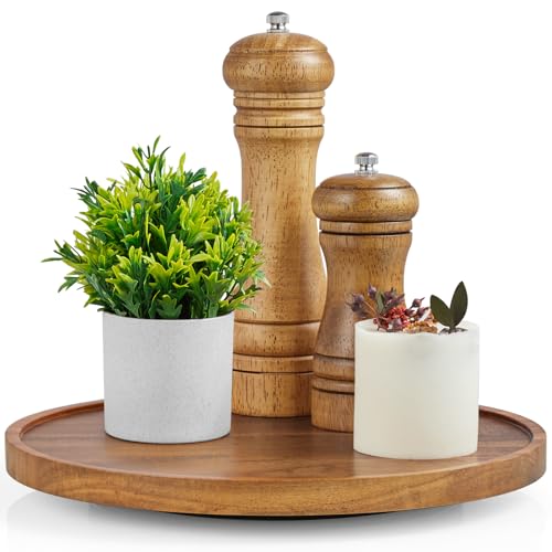 10' Acacia Wood Lazy Susan Turntable Organizer for Cabinet, Round Serving Tray...